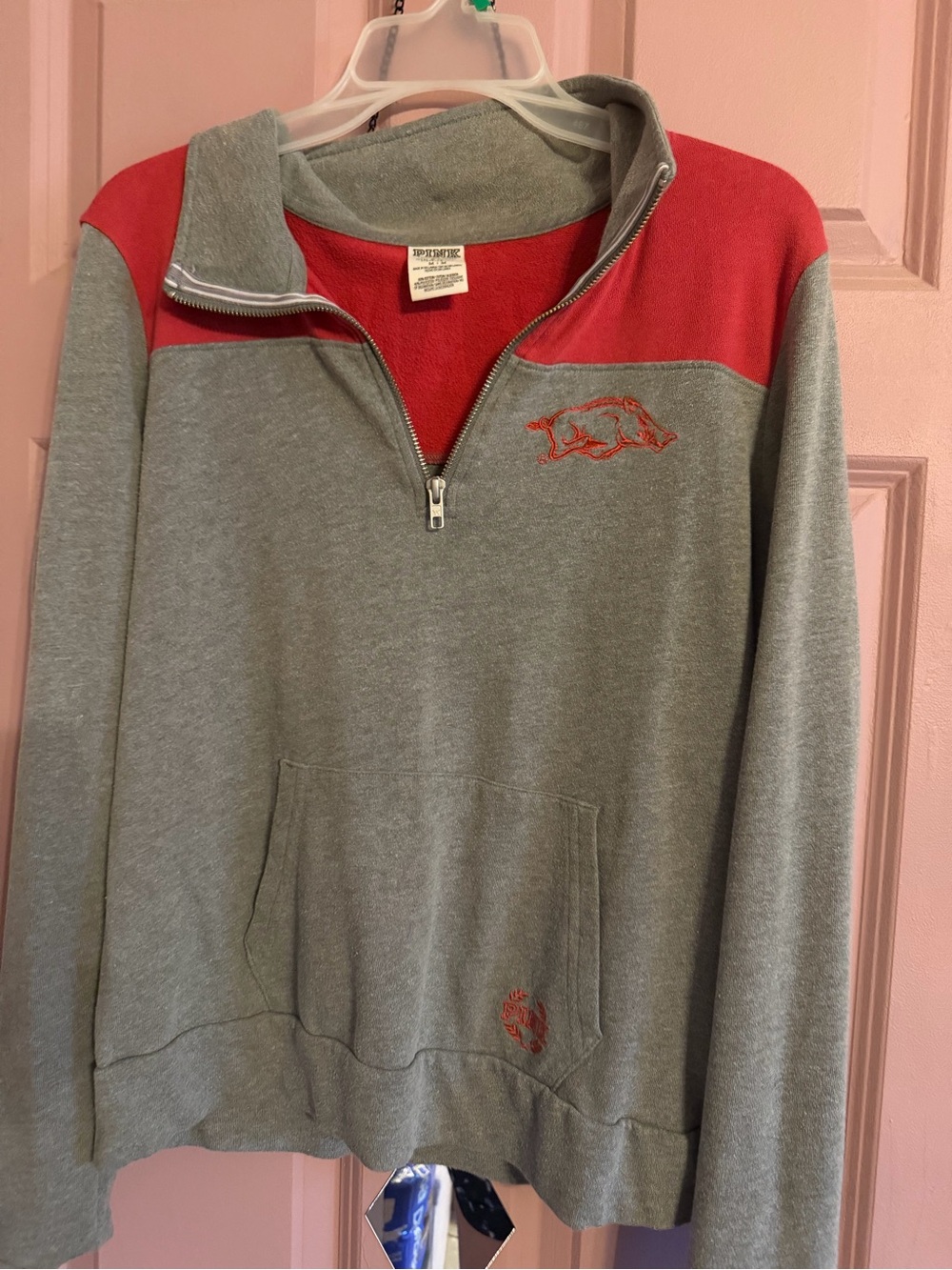 PINK Victoria's Secret Gray and Red Half-Zip Varsity Pullover